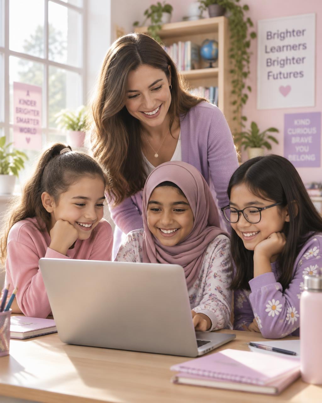 A teacher and three students smiling around a laptop in a bright classroom
